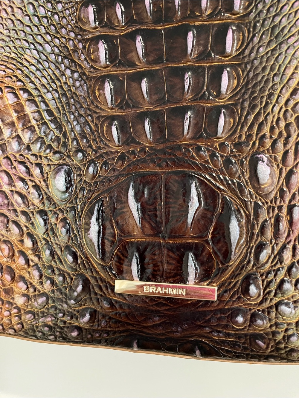 Brahmin Brown & Green Iridescent Croc-Embossed Leather Crossbody Katie‎ Bag - Picture 5 of 14